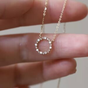 Classic Gold Circle Crystal Pendant Necklace Clear Rhinestone Slide Charm Elegnt